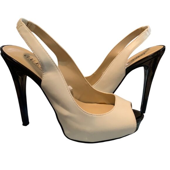 Guess Women's Slingback Heels Beige Black Peep Toe 5-Inch Stilettos Sz 7M Y2K - Picture 6 of 9